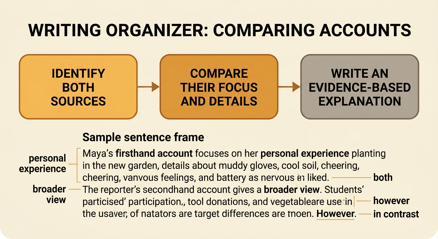 A completed comparison response connects Maya's personal details to the reporter's broader facts with comparison words.