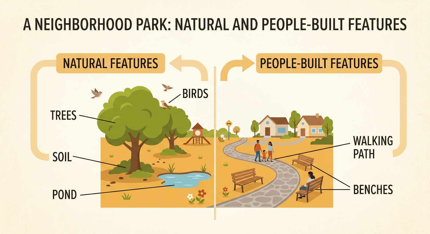 A neighborhood park shows trees and birds beside a walking path and benches.