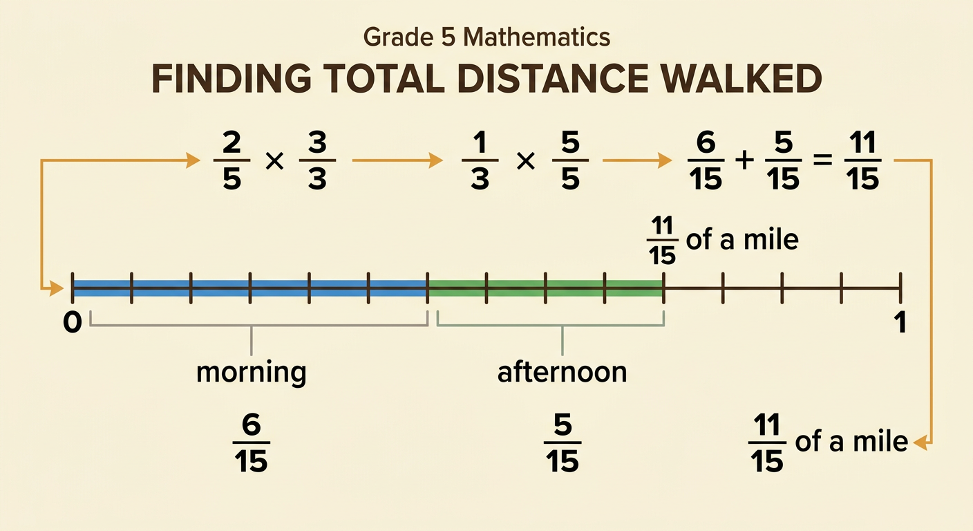 Maya's route shows a morning distance and an afternoon distance rewritten as fifteenths and combined into the total distance.