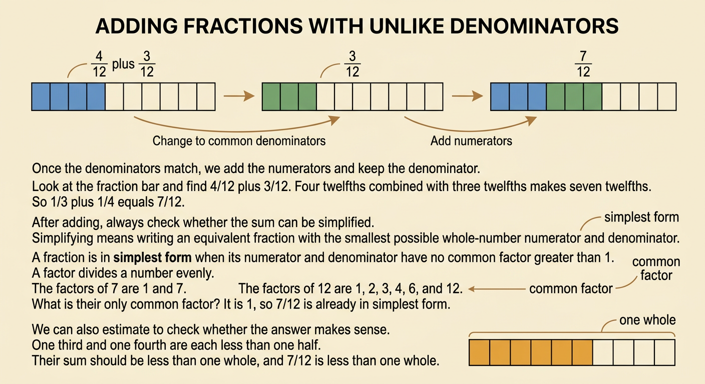 A fraction bar combines four twelfths and three twelfths into seven twelfths, with a factor check showing the result is simplest.