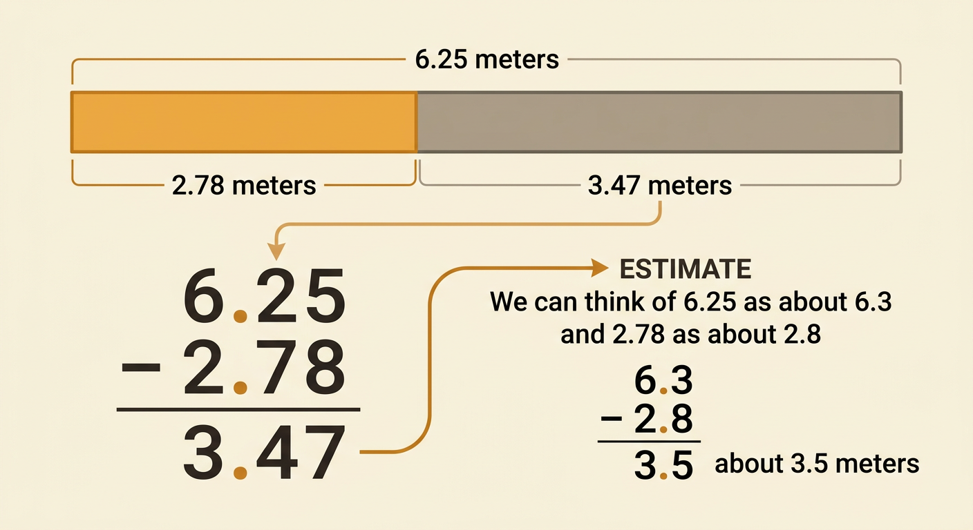 A ribbon diagram shows Jordan starting with 6.25 meters, using 2.78 meters, and having 3.47 meters left.