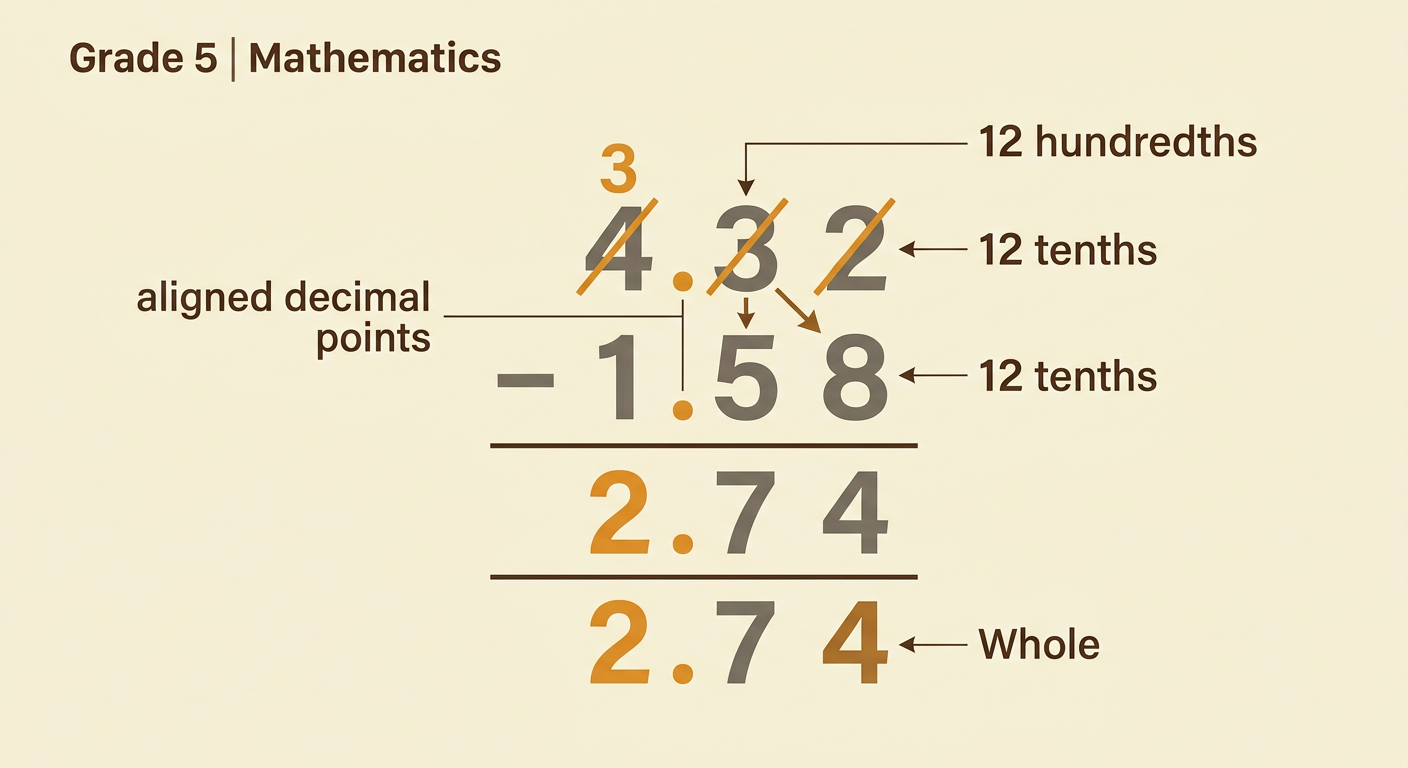 A vertical subtraction model shows the two regrouping trades in 4.32 minus 1.58.