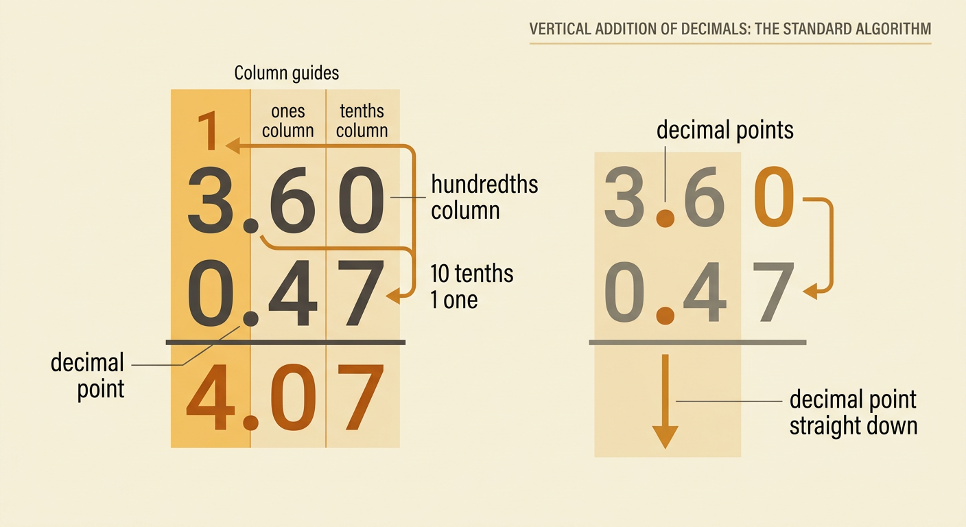 A vertical calculation shows 3.60 plus 0.47 equaling 4.07 with one regrouped into the ones place.