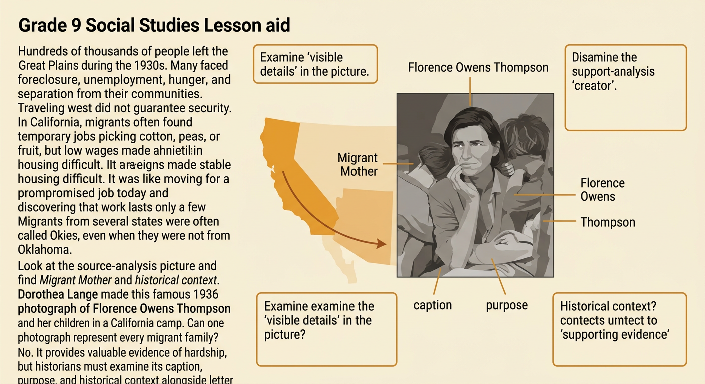 Dorothea Lange's Migrant Mother photograph appears with source-analysis callouts about its caption, purpose, and setting.