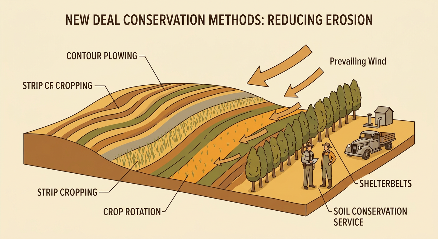A conserved farm shows curved plow rows, alternating crop strips, rotating fields, and a tree shelterbelt slowing wind.