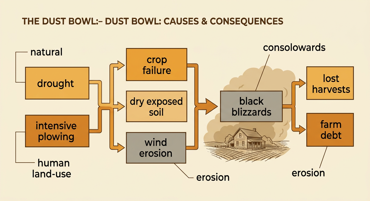 A windstorm sweeps loose soil from a drought-stricken plowed field while failed crops lie beneath a dark wall of dust.