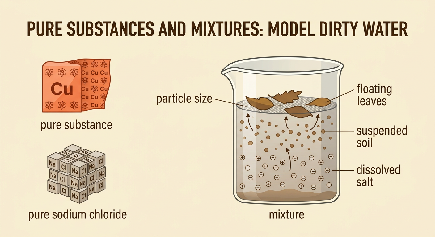 A container of model dirty water shows leaves floating, soil suspended, and salt dissolved beside examples of a pure substance and a mixture.