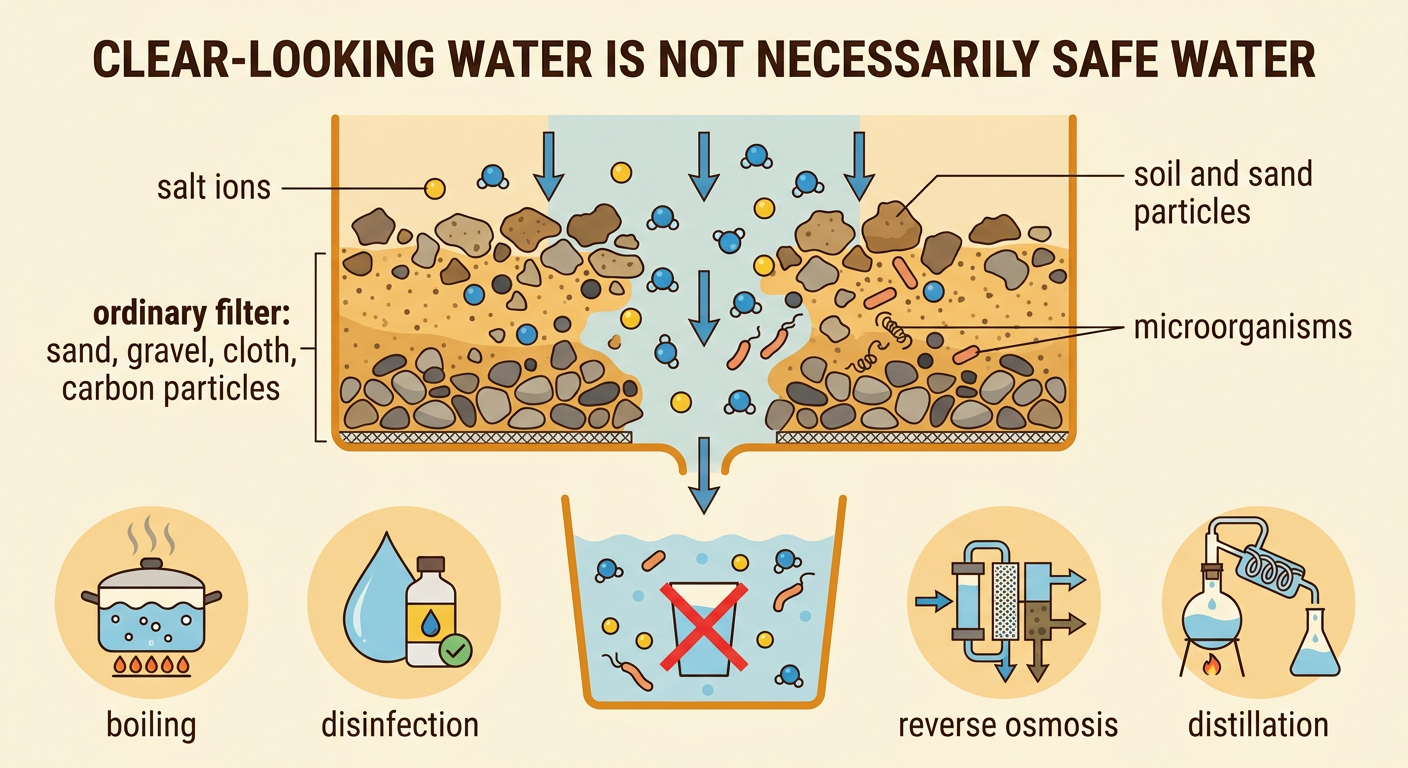 A clear filtered sample still contains salt ions and microorganisms, while specialized treatment options appear beside it.