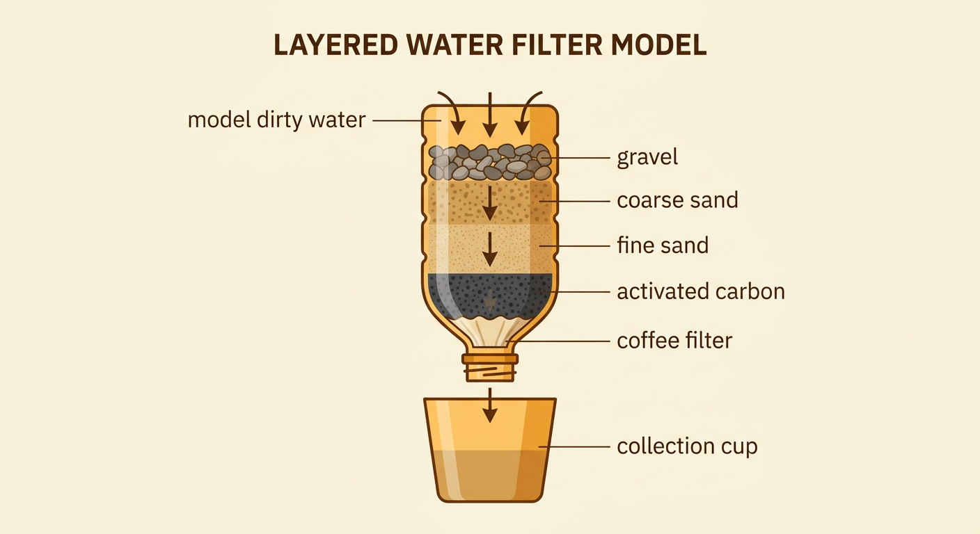 An upside-down bottle filter shows water moving through gravel, coarse sand, fine sand, activated carbon, and a coffee filter into a cup.