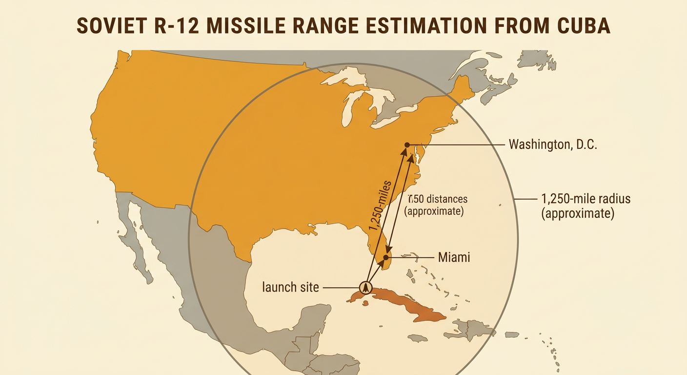 A scale map centered on a Cuban missile site shows an approximate range circle reaching major U.S. Cities.