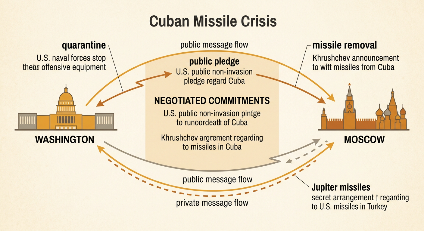 A negotiation diagram connects the naval blockade and public and private agreements to Soviet withdrawal from Cuba.