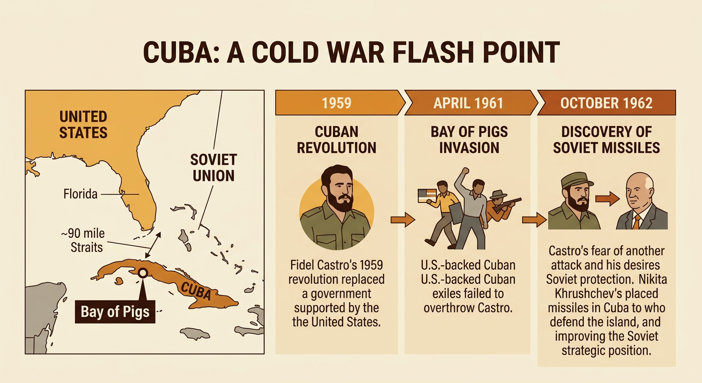 A Cold War map shows Cuba between the United States and the Soviet Union, with the failed invasion marked on Cuba.