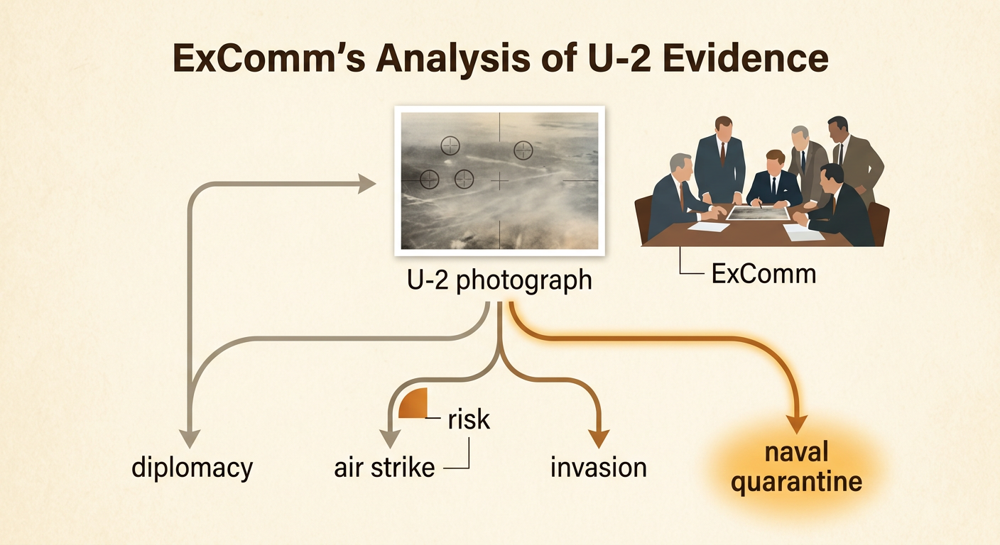 An evidence board shows Kennedy and ExComm comparing a reconnaissance image with military response options.