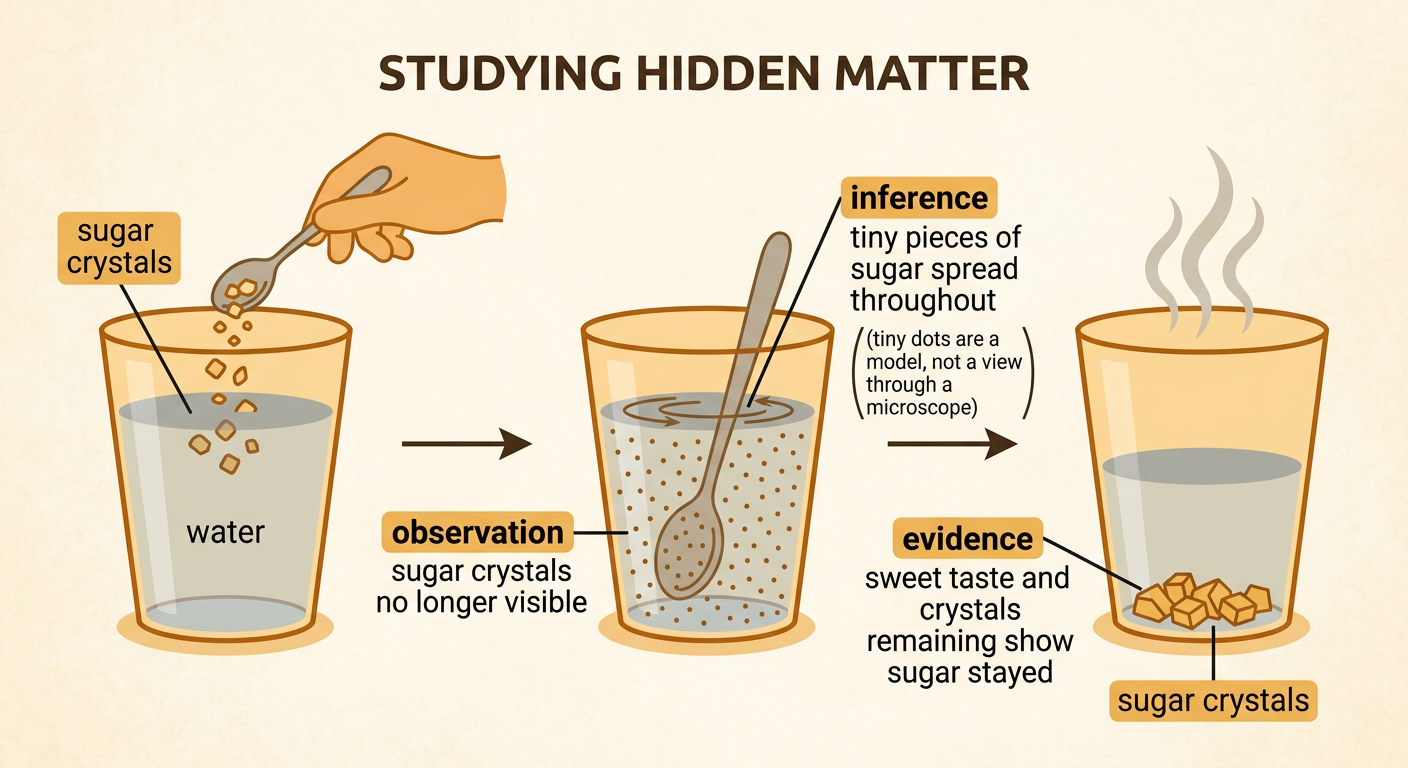 A before-and-after cup sequence shows sugar dissolving in water and reappearing after evaporation.