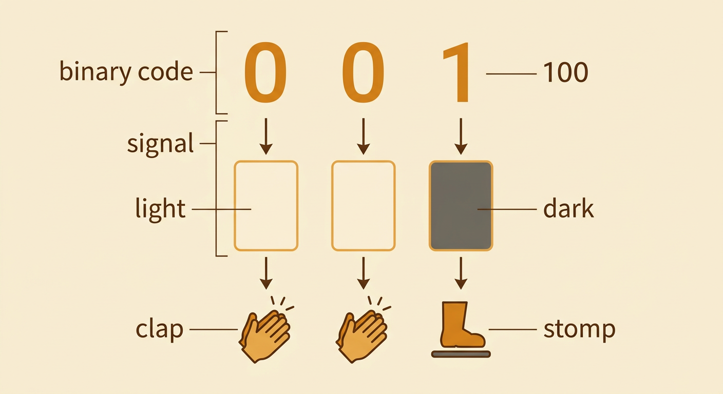 Three cards show light, light, dark for 001 beside a reversed card pattern for 100.