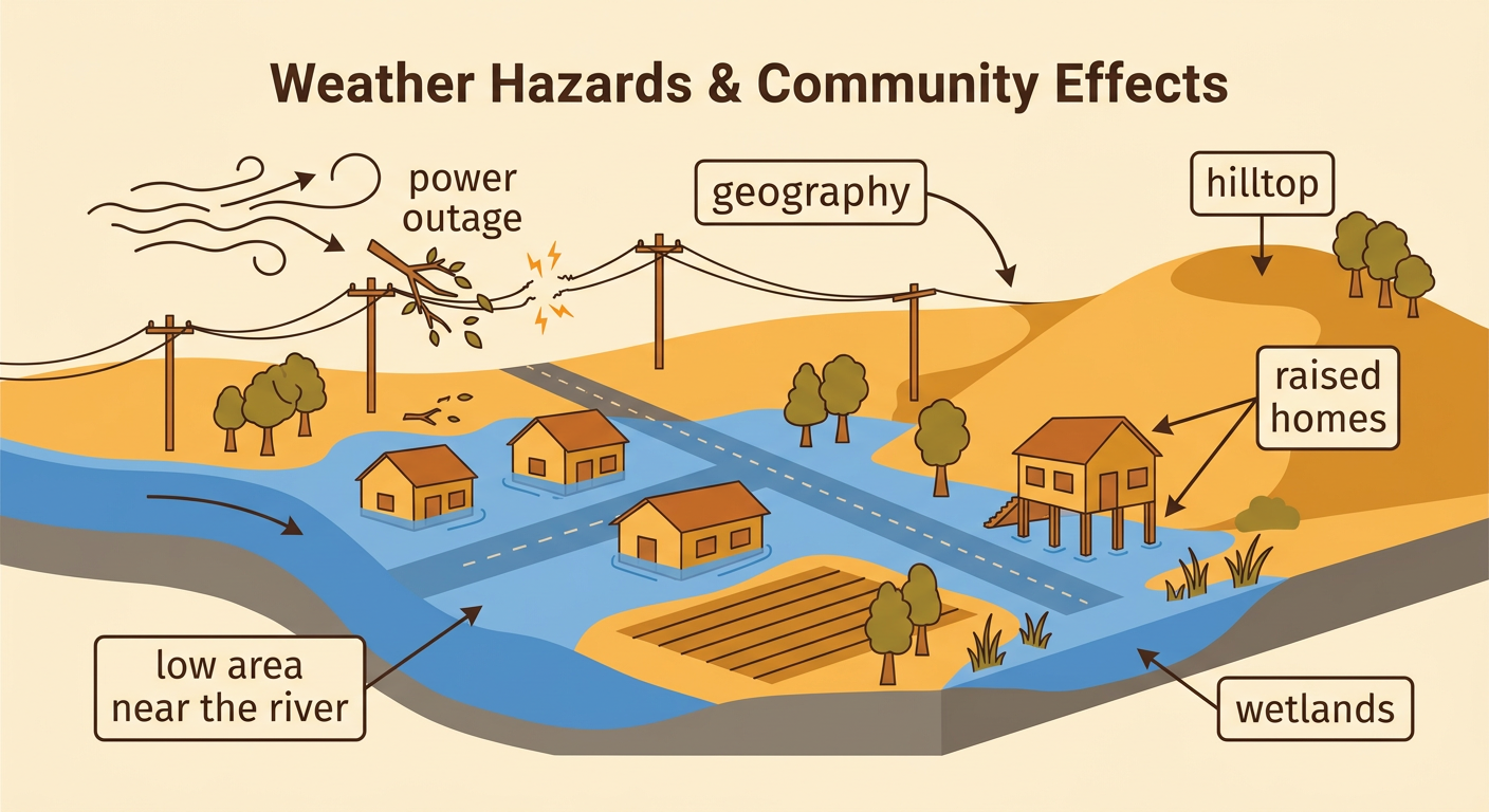 A community map shows a flooded low area near a river, a dry hilltop, raised homes, wetlands, and a branch causing a power outage.