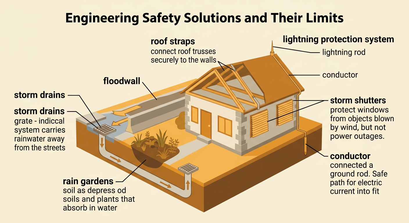 A safety design diagram shows a building and street protected by storm drains, rain gardens, a floodwall, roof straps, storm shutters, and a lightning protection system.