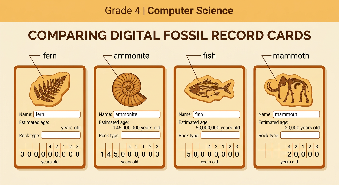 Four digital record cards show a fern, ammonite, fish, and mammoth with their estimated ages and rock layers.