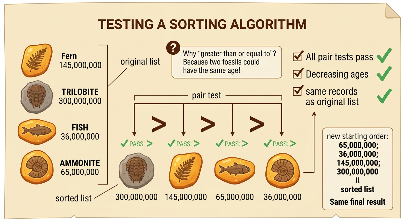 A completed age list shows pair-test arrows and a checklist confirming the same records appear before and after sorting.