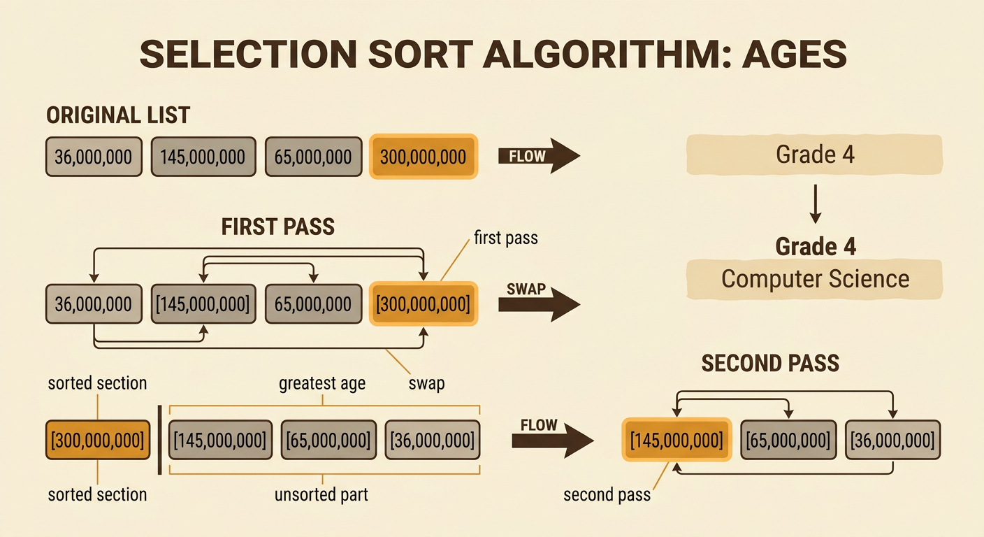 A selection-sort diagram shows two passes, one swap, and the growing sorted section beside the shrinking unsorted part.