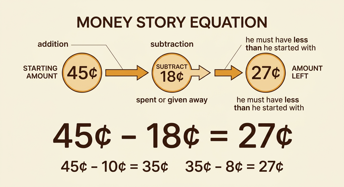 Eli’s subtraction equation is shown with 18 cents broken into 10 cents and 8 cents.