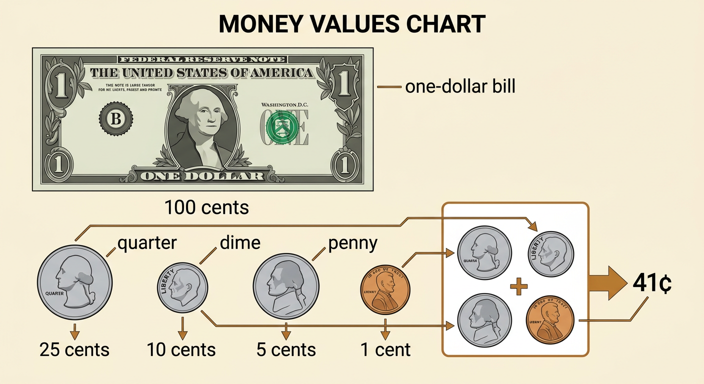 A penny, nickel, dime, quarter, and one-dollar bill appear with their values and money symbols.