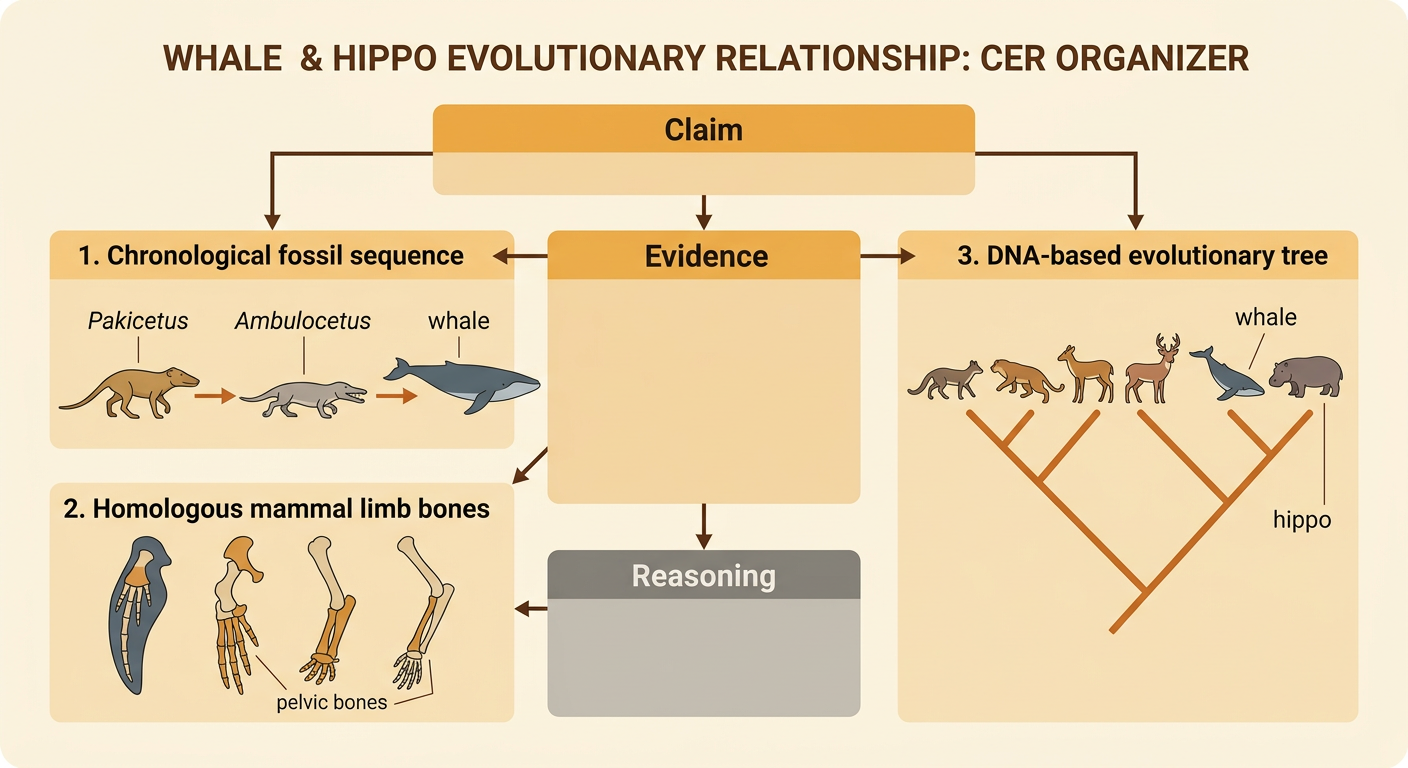 An evolutionary timeline connects Pakicetus and Ambulocetus to a modern whale, with matching anatomy and a DNA branch linking the whale to a hippo.