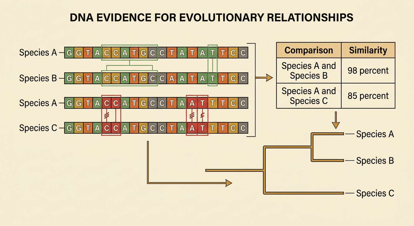 Three aligned DNA sequences show many more matching bases between Species A and Species B than between Species A and Species C.