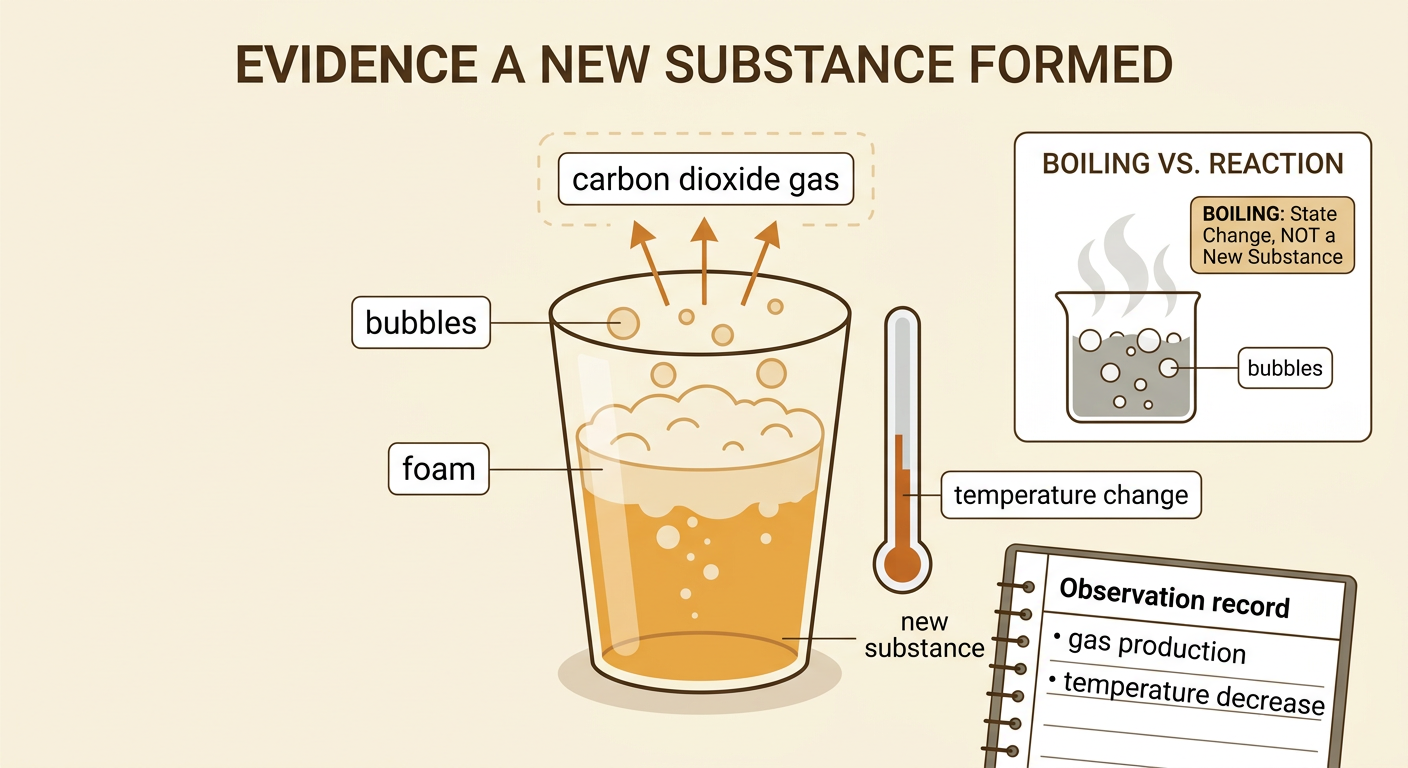 A cup of baking soda and vinegar produces foam and bubbles of carbon dioxide gas as its temperature drops.