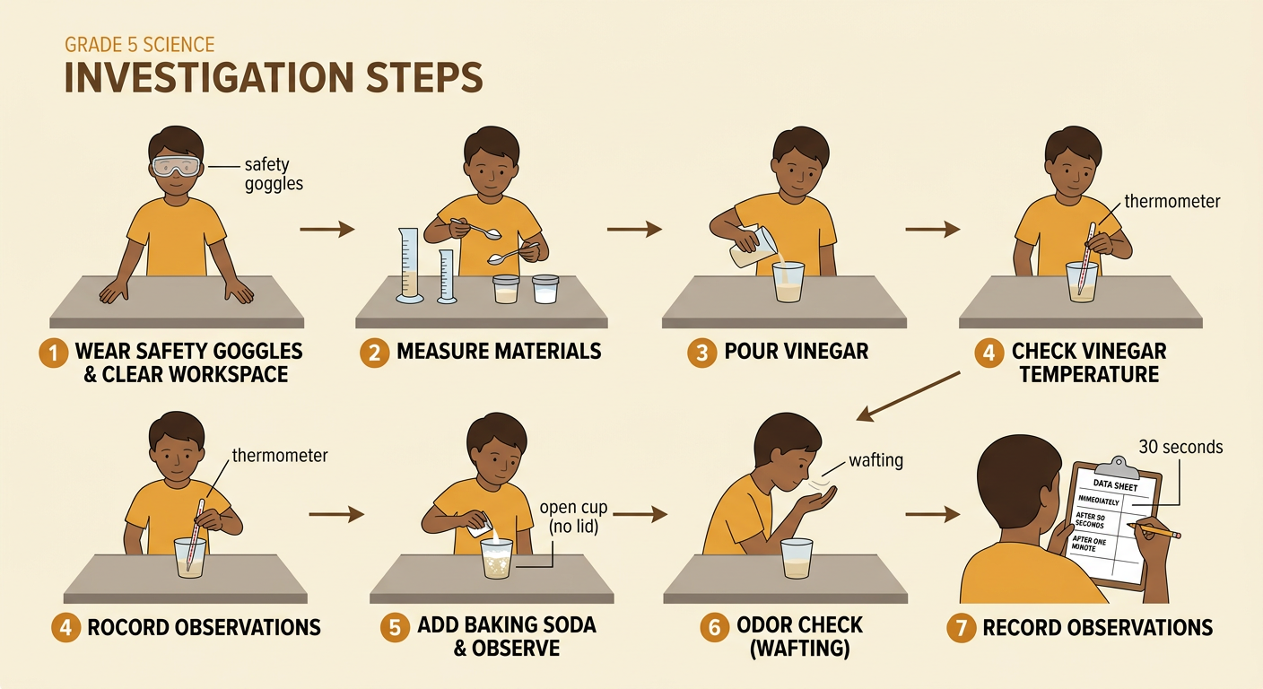 A student in safety goggles safely adds measured baking soda to vinegar in an open cup while timing observations.