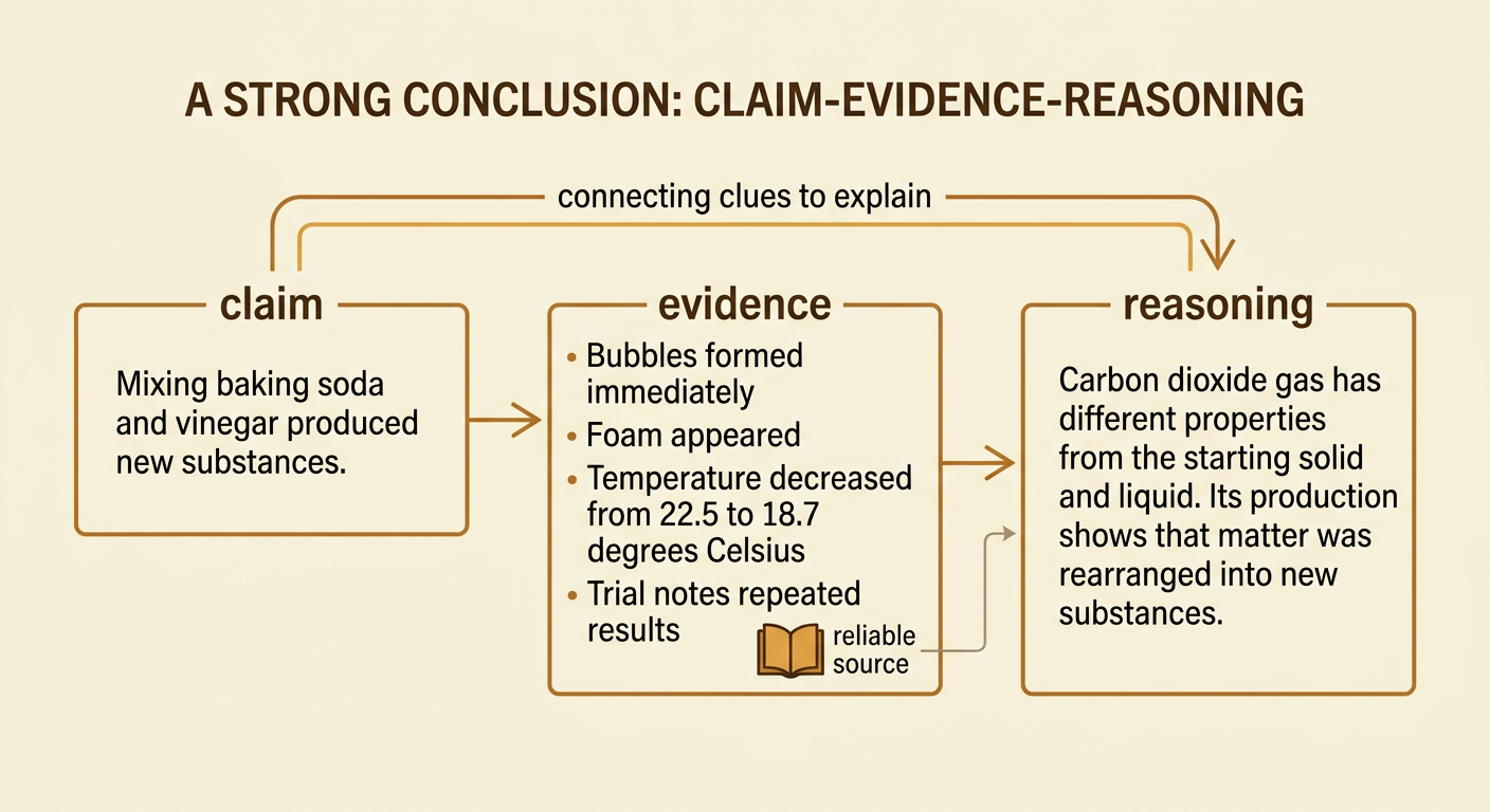 A conclusion organizer connects a claim about the reaction to measured evidence, scientific reasoning, and a reliable source.