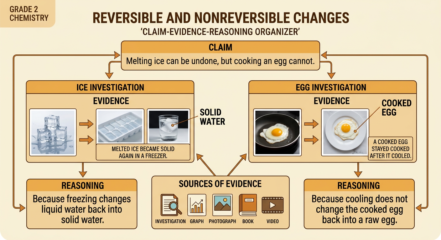 A simple explanation chart connects a claim about ice and eggs to evidence and reasoning.