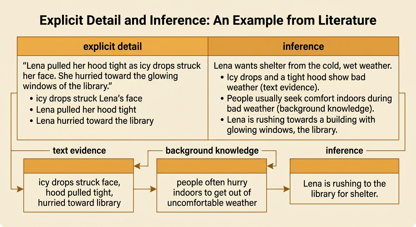 A diagram shows Lena hurrying through icy rain toward a glowing library, with story facts combining into a conclusion.