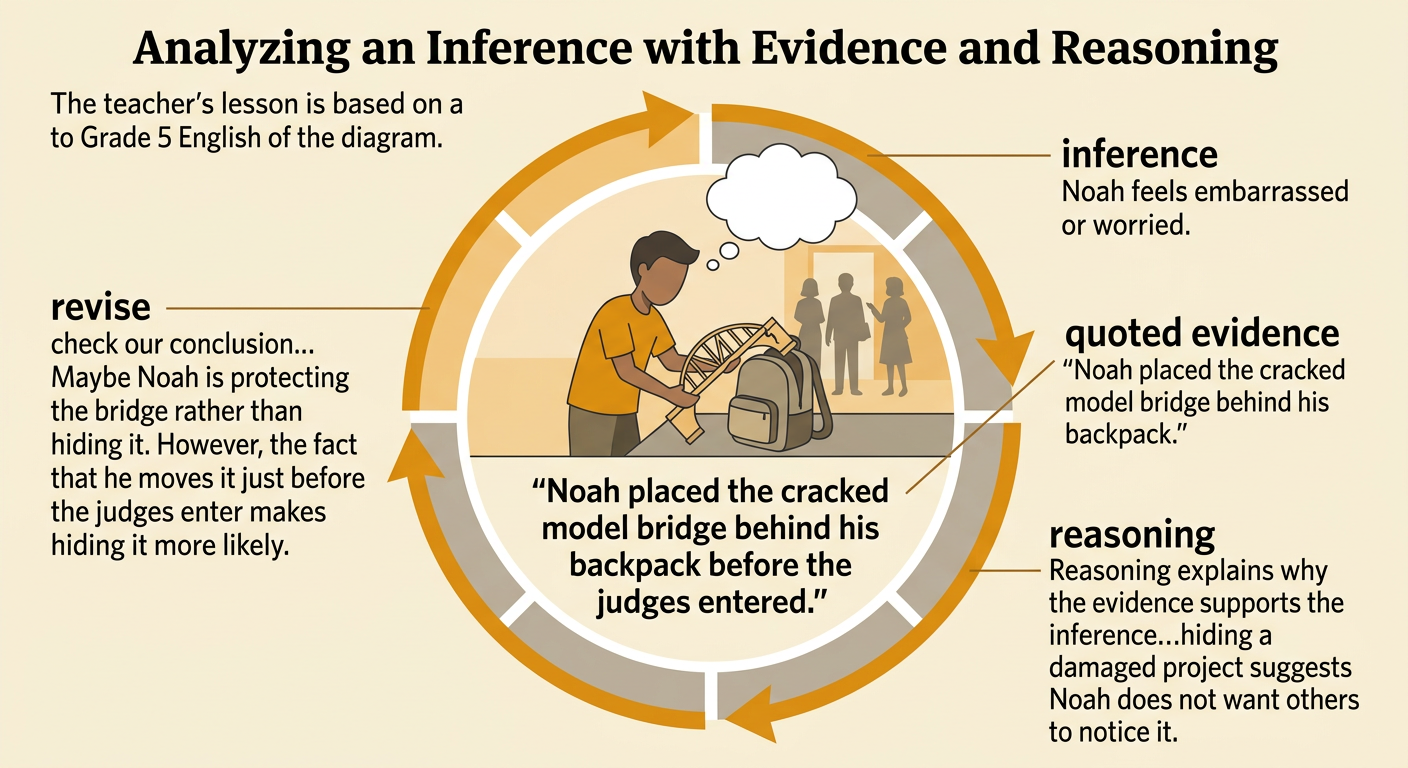 Noah hides a cracked model bridge behind his backpack as judges approach, beside a three-part response.