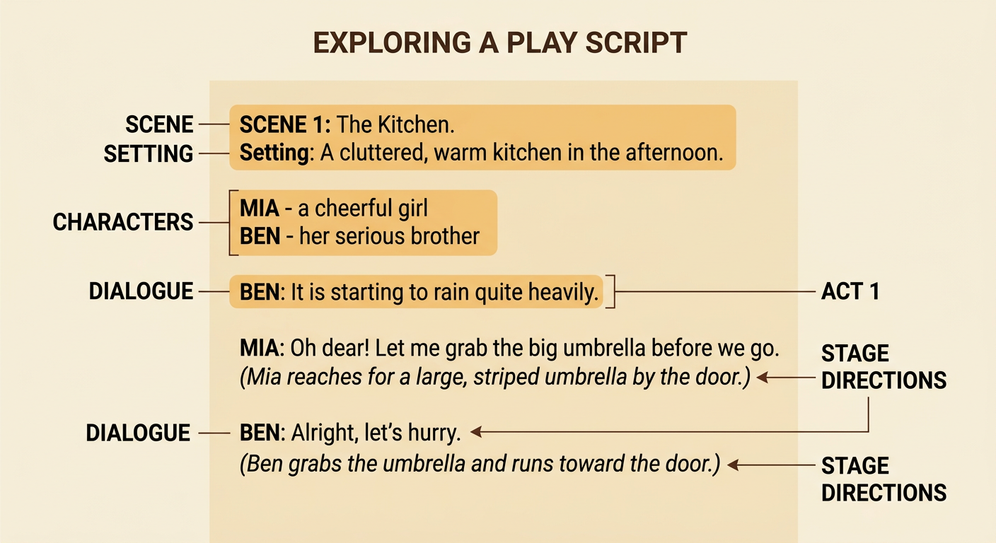 An annotated rainstorm script shows Mia and Ben speaking while Ben follows a direction to run toward a door.
