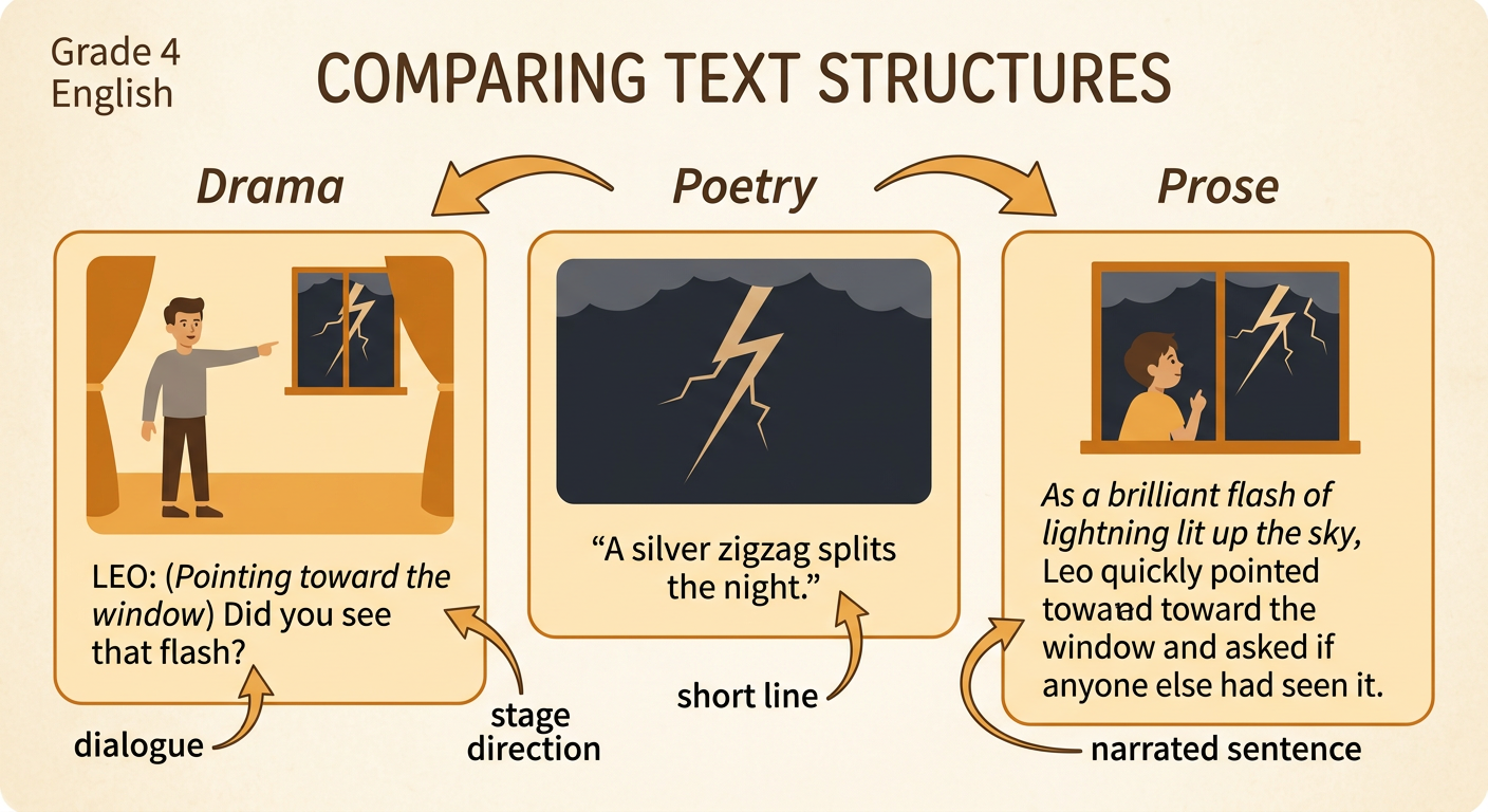 One lightning event appears in three panels as a poetic line, a play script, and a prose sentence.