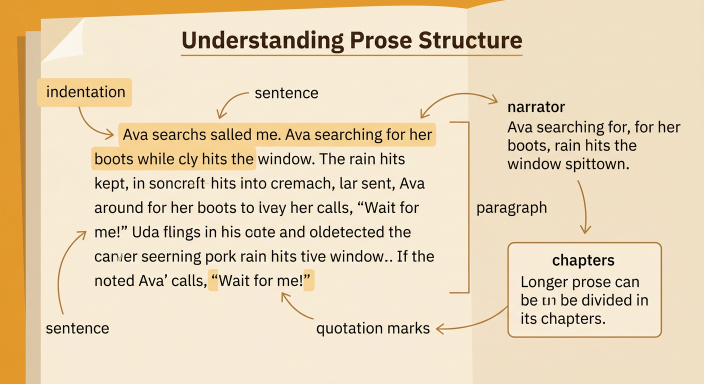 An annotated story paragraph shows a narrator describing Ava while her spoken words appear in quotation marks.
