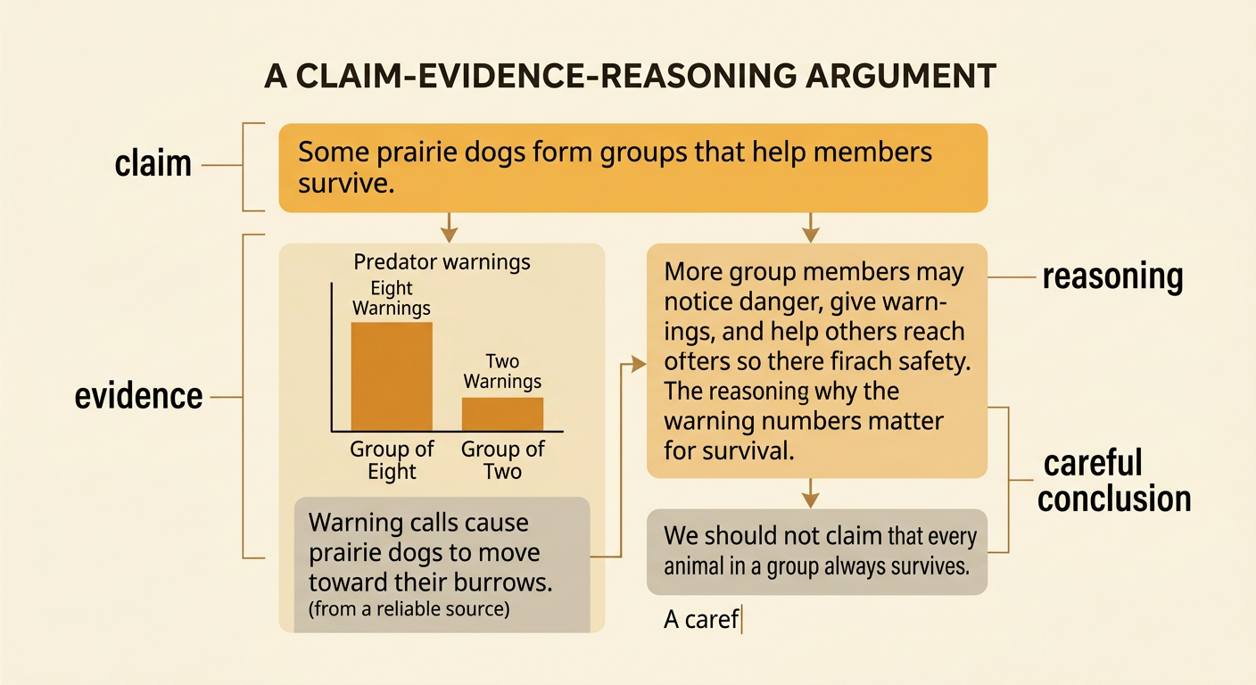 A simple argument organizer connects a prairie dog claim to graph evidence and survival reasoning.