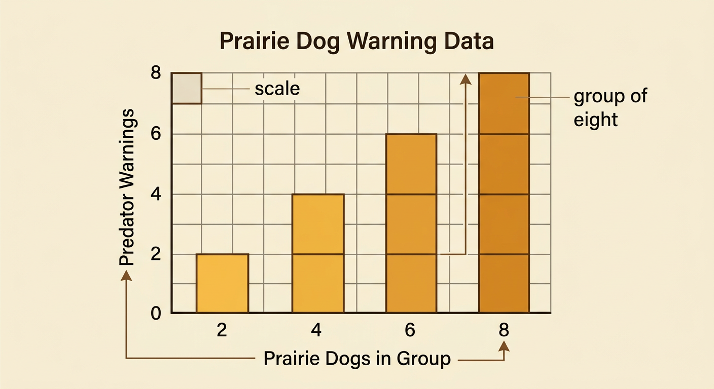 A bar graph compares prairie dog group sizes of 2, 4, 6, and 8 with their predator warnings.