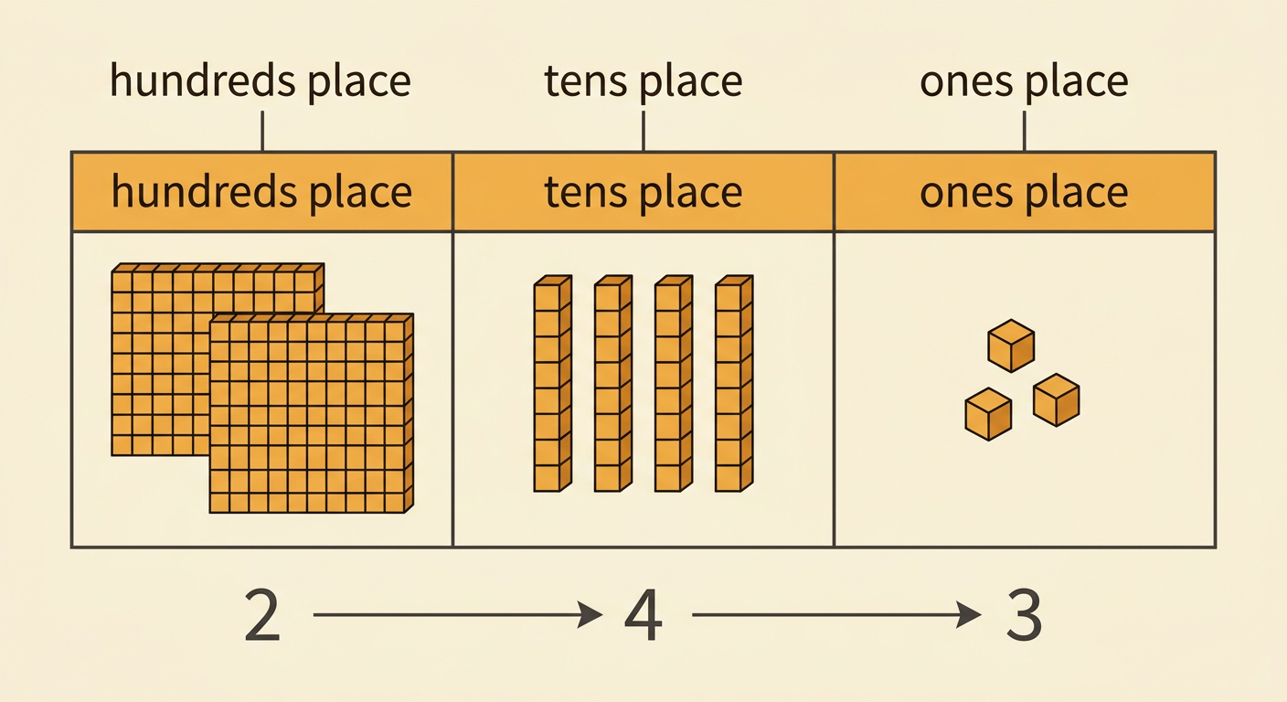 A place-value chart models 243 with two hundreds flats, four tens rods, and three ones cubes.