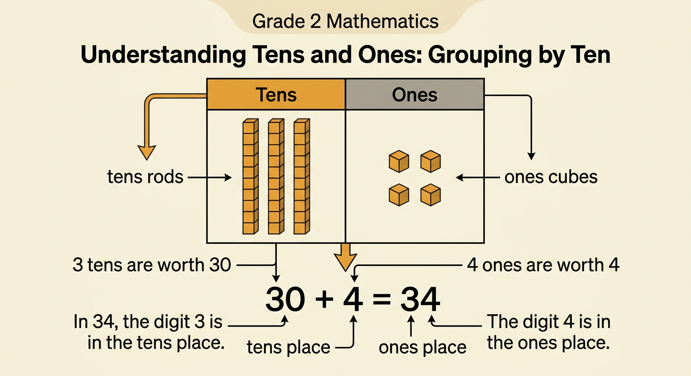 A base-ten model of 34 shows three rods and four cubes beside the number’s place values.