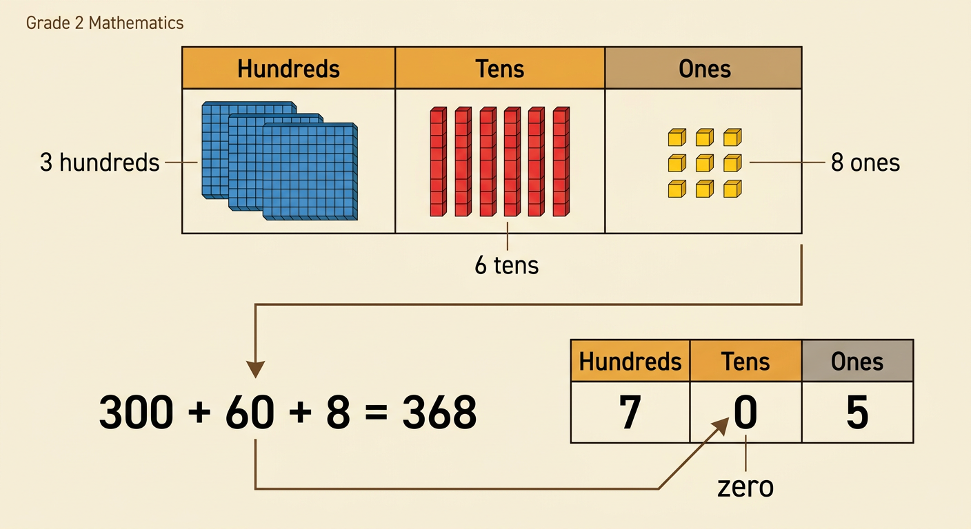 A practice board shows the block model for 368 and a second place-value row for 705.