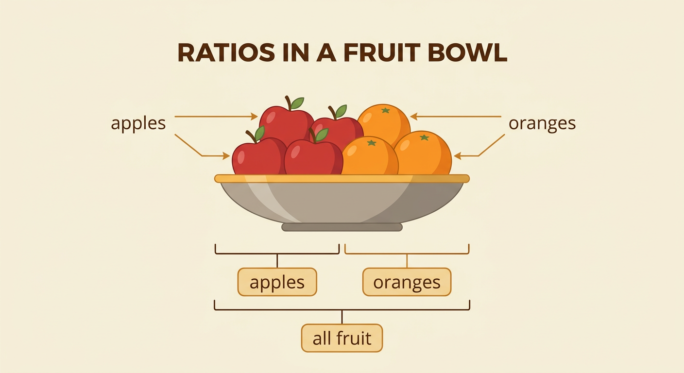 A fruit bowl shows 4 apples and 3 oranges, with the 7-piece total grouped by a bracket.