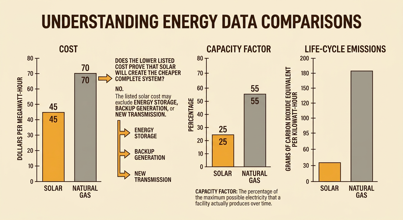 Three aligned bar graphs compare solar and natural gas by generation cost, capacity factor, and life-cycle emissions.