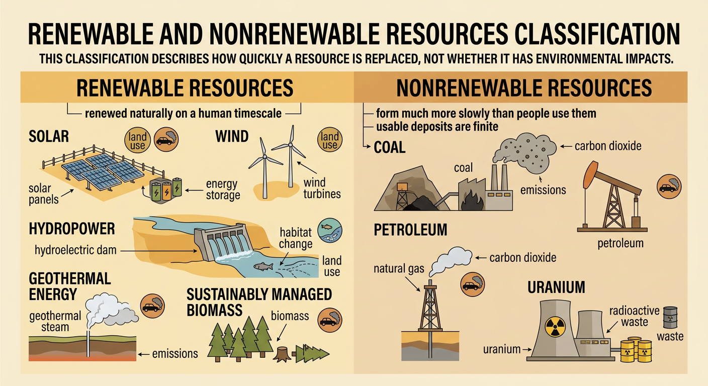 A split-panel energy landscape classifies common resources and shows solar panels connected to storage for nighttime use.