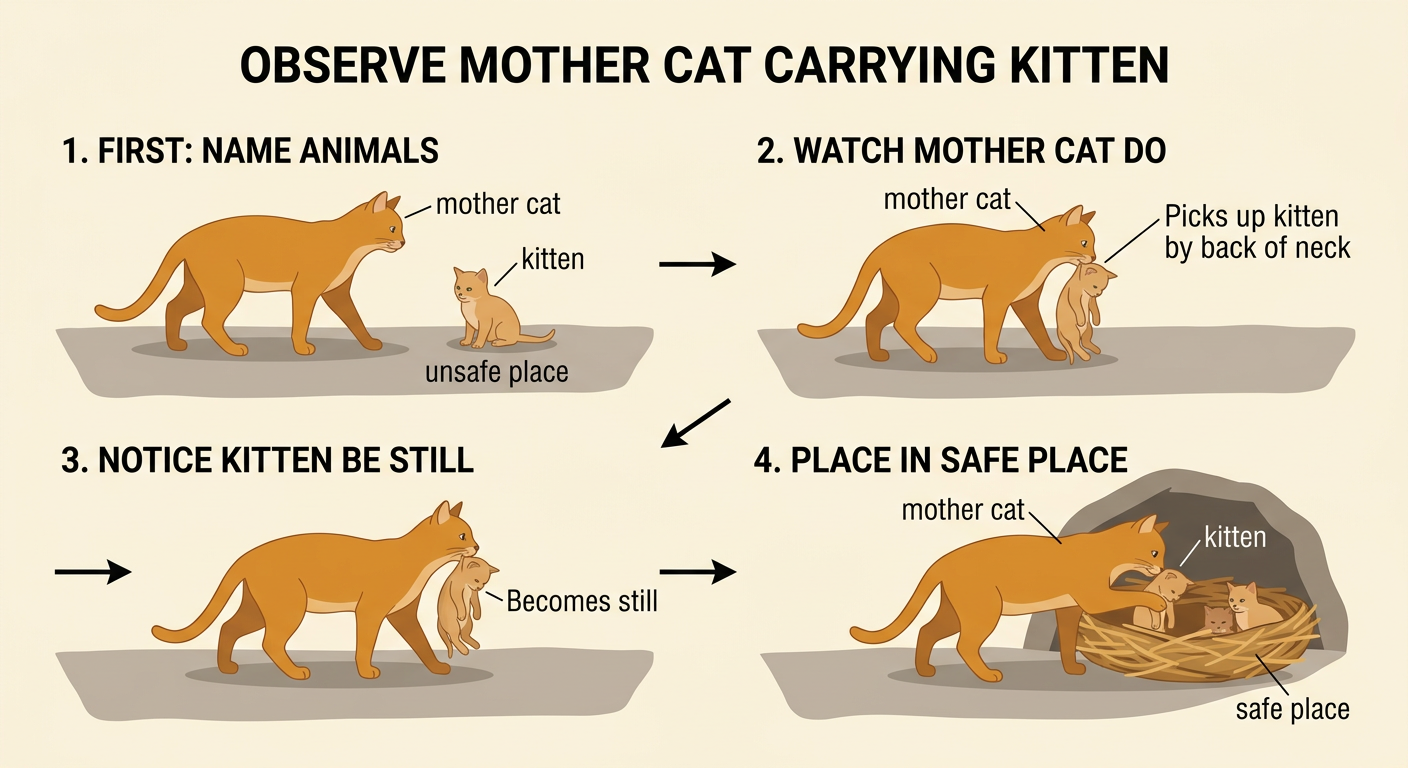 A mother cat carries a still kitten from an exposed spot into a sheltered box.