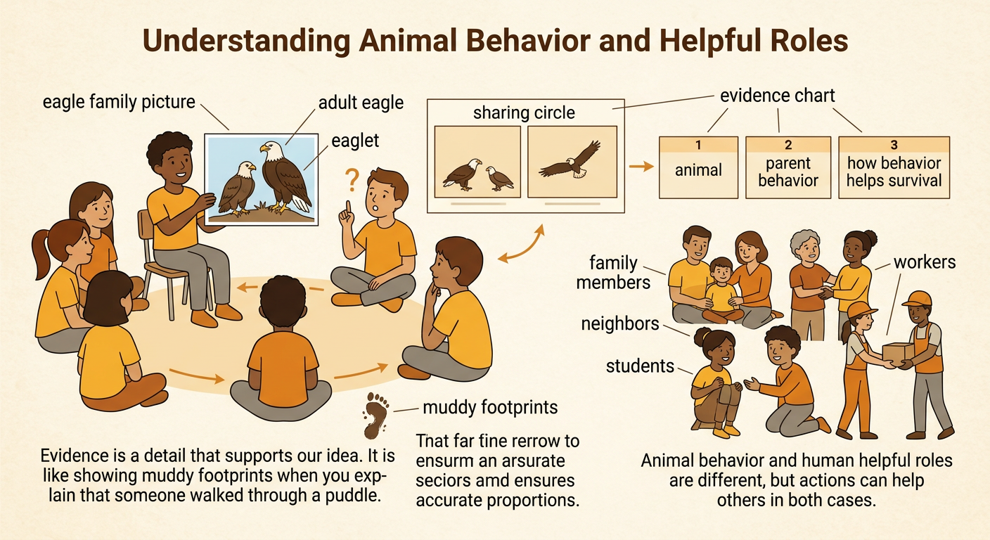 A child uses a picture of an adult eagle feeding an eaglet to explain evidence to listening classmates.