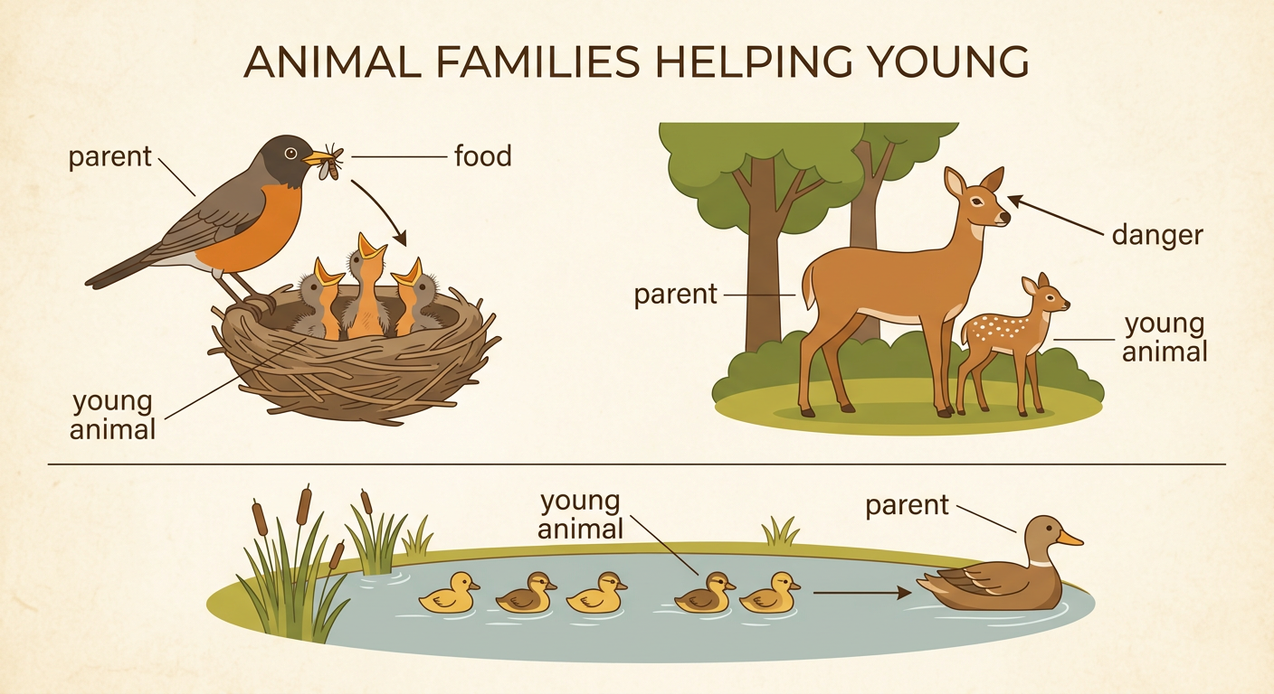 A bird feeds chicks, a deer watches over a fawn, and a duck leads ducklings toward water.