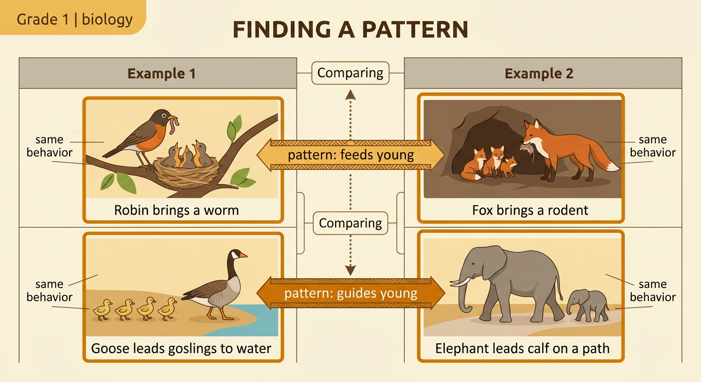 A comparison chart pairs a feeding robin with a feeding fox and a guiding goose with a guiding elephant.