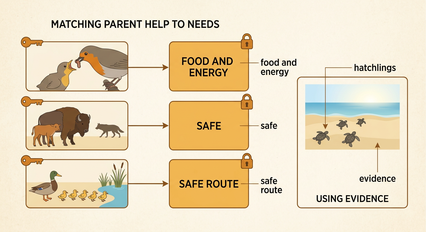 A matching chart connects feeding, protecting, and guiding to needs while turtle hatchlings move to the ocean alone.